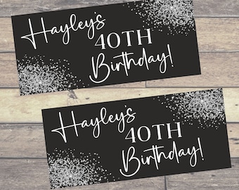 2 x Black & Silver PERSONALISED BIRTHDAY BANNERS | Black and Silver Birthday Paper Banners | Silver Glitter