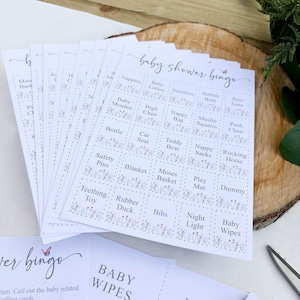 Bingo pour baby shower - Baby shower floral fleurs sauvages, jeux de baby shower, sexe neutre, 10 cartes de bingo et de visite préremplies, sexe révélateur