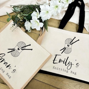 Personalised Knitting Tote Bag - Add Your Own Text | Knitting Bag, Crochet Bag, Craft Bag, Jute Tote, Knitting Gifts, Gift For Mum / Grandma