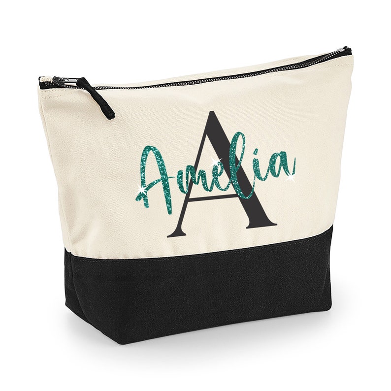 Black Initial Personalised MAKE UP BAG with Glitter Name Any Name and Initial Glitter Christmas Birthday Gift Glitter Make Up Bag Jade Green