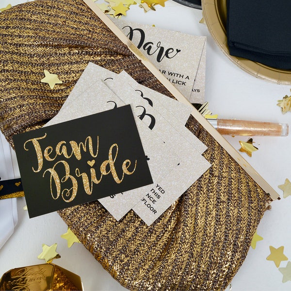 20 x BLACK & GOLD Team Bride Hen Party Dare Cards - Hen Night Games - Hen Party Games - Girls Night Out