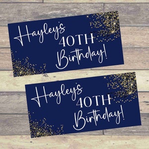 2 x Navy Blue and Gold PERSONALISED BIRTHDAY BANNERS | Navy and Gold Birthday Paper Banners | Gold Glitter - 60cm x 32cm each - PB027