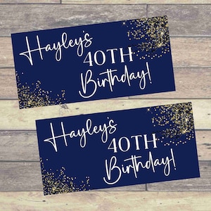 2 x Navy Blue and Gold PERSONALISED BIRTHDAY BANNERS | Navy and Gold Birthday Paper Banners | Gold Glitter - 60cm x 32cm each - PB027