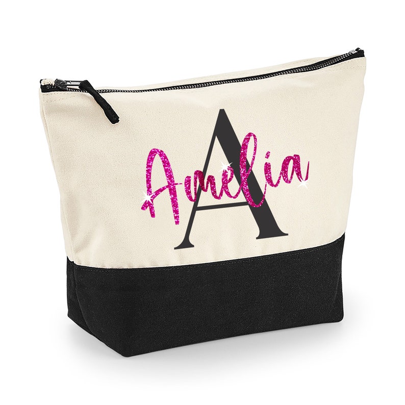 Black Initial Personalised MAKE UP BAG with Glitter Name Any Name and Initial Glitter Christmas Birthday Gift Glitter Make Up Bag Hot Pink