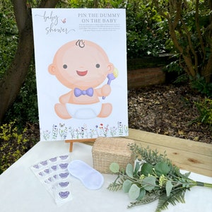 Pin The Dummy On The Baby - Jogos de chá de bebê | Chá de bebê floral com flores silvestres, unissex/neutro, inclui pôster, adesivos e máscara para os olhos