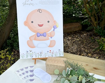 Pin The Dummy On The Baby - Baby Shower Games | Wildflower Floral Baby Shower, Unisex / Gender Neutral, Includes Poster, Stickers & Eye Mask