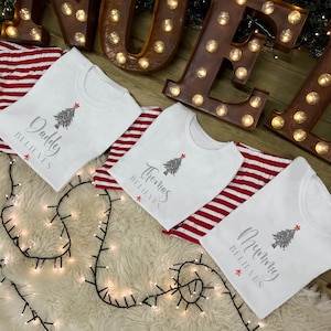 FAMILY BELIEVES CHRISTMAS Pyjamas Personalised Matching Pyjamas Glitter Red Striped PJs Reindeer/Xmas Tree Christmas Eve Pyjamas Family Set