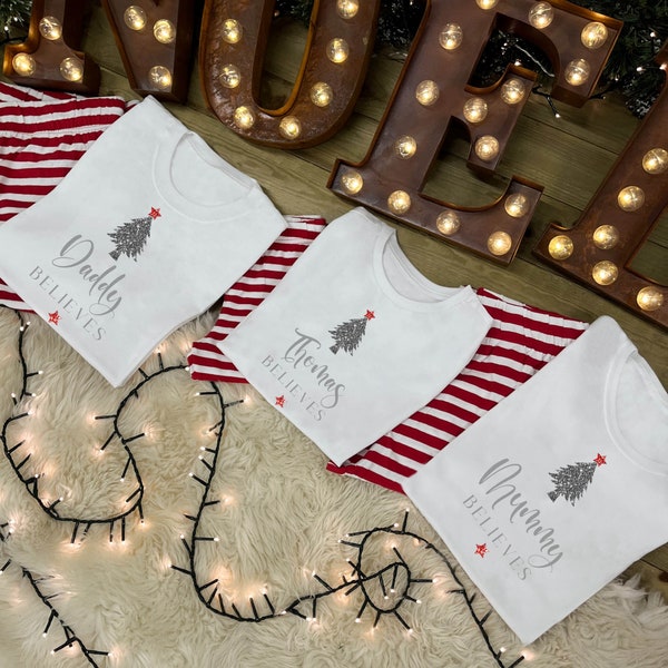 FAMILY BELIEVES CHRISTMAS Pyjamas, Personalised, Matching Pyjamas, Glitter, Red Striped PJs, Reindeer/Xmas Tree, Kids Baby Toddler Adult PJs