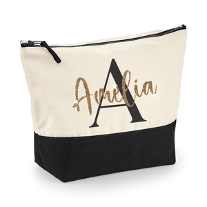 Black Initial Personalised MAKE UP BAG with Glitter Name Any Name and Initial Glitter Christmas Birthday Gift Glitter Make Up Bag Gold