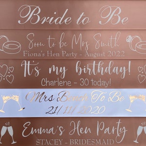 Personalised White and Rose Gold Sash | ROSE GOLD SASH Rose Gold Hen Night Sash / Rose Gold Birthday Sash / Rose Gold Personalised Sash