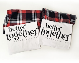 Personalised COUPLES PYJAMAS - 'Better Together', His & Hers, Matching PJ Set, Red/Green Tartan, Couples Gift Anniversary/Wedding/Valentines