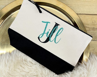 Black Initial Personalised MAKE UP BAG with Glitter Name | Any Name and Initial Glitter Christmas Birthday Gift | Glitter Make Up Bag