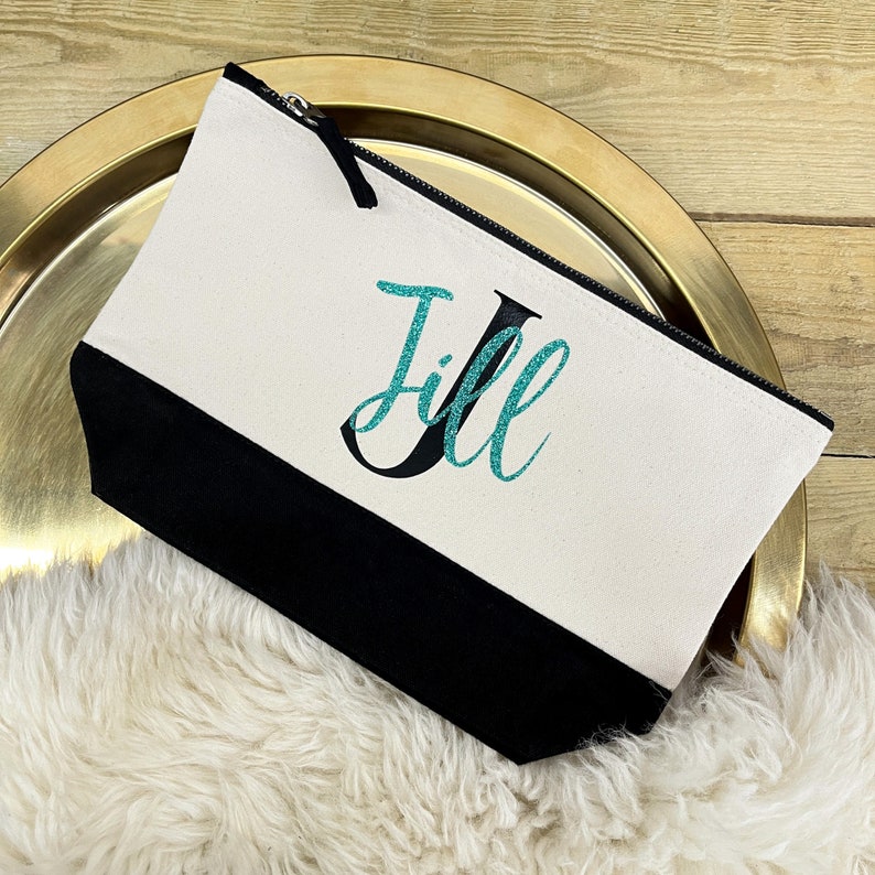 Black Initial Personalised MAKE UP BAG with Glitter Name Any Name and Initial Glitter Christmas Birthday Gift Glitter Make Up Bag image 1