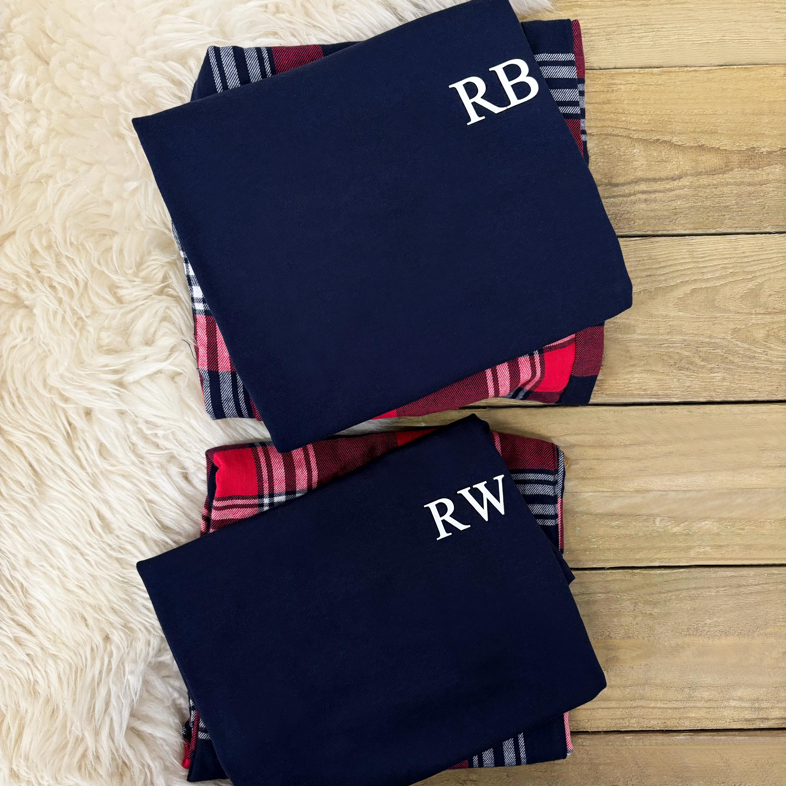 Personalised Couples Pyjamas - With Initials | Matching Couples PJs, Red/Green Tartan, Anniversary / Wedding Gift, Valentines Gift, Birthday