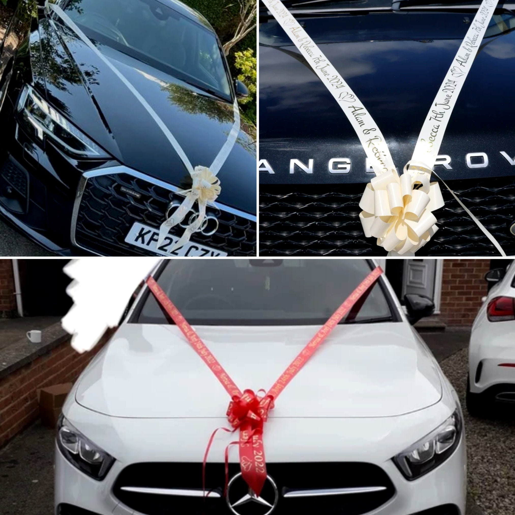 30 fiocchi per auto per matrimoni, fiocchi per antenna, decorazioni per auto, colore bianco con cuori per decorazioni di nozze, nastro di raso fatto a mano, per matrimoni, feste, compleanni