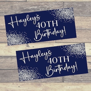 2 x Navy & Silver PERSONALISED BIRTHDAY BANNERS | Navy and Silver Birthday Paper Banners | Silver Glitter