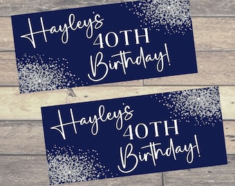 2 x Navy & Silver PERSONALISED BIRTHDAY BANNERS | Navy and Silver Birthday Paper Banners | Silver Glitter