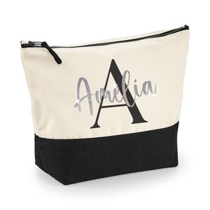 Black Initial Personalised MAKE UP BAG with Glitter Name Any Name and Initial Glitter Christmas Birthday Gift Glitter Make Up Bag Silver