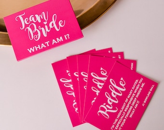 20 x Team Bride Hen Party 'What am I' Game Cards - Hen Night Games - Hen Party Games - Hen Party Riddles - PINK