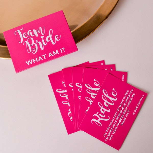 20 x Team Bride Hen Party 'What am I' Game Cards - Hen Night Games - Hen Party Games - Hen Party Riddles - PINK