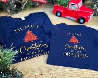 PERSONALISED FAMILY CHRISTMAS T-Shirts, Matching Family Set with Names, Reindeer, Xmas Tree, Adults Kids Christmas Top & Babygrow, Xmas Gift