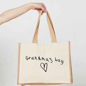 HANDGESCHREVEN GEPERSONALISEERDE GRANDMA-draagtas | Gepersonaliseerd met kinderhandschrift | Grote jute tas gepersonaliseerd | Op maat gemaakte draagtas