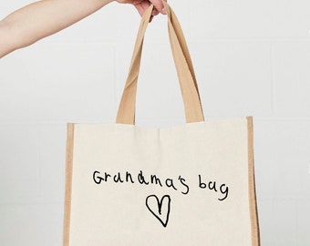HANDWRITTEN PERSONALISED GRANDMA Tote Bag | Personalised with child's handwriting | Large Jute Bag Personalised | Custom Tote