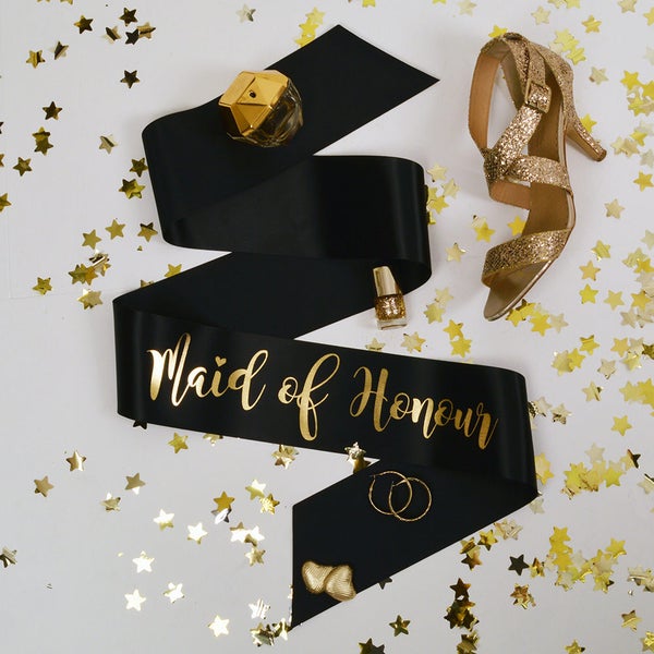 Maid of Honour Sash - BLACK & GOLD Team Bride Hen Party Range - Other Matching Sashes Available