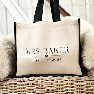 PERSONALISED TOTE BAG Mrs - Large Jute Bag Personalised | Custom Tote | Personalised Bride Bag | Newlywed Honeymoon Bag | Bride Gift