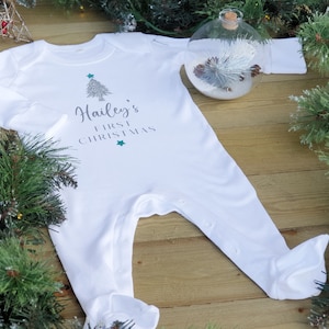 Personalised Baby's first christmas rompersuit/Sleepsuit ou gilet pain d'épices 