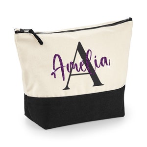 Black Initial Personalised MAKE UP BAG with Glitter Name Any Name and Initial Glitter Christmas Birthday Gift Glitter Make Up Bag Purple