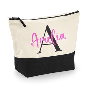 Black Initial Personalised MAKE UP BAG with Glitter Name Any Name and Initial Glitter Christmas Birthday Gift Glitter Make Up Bag Neon Pink