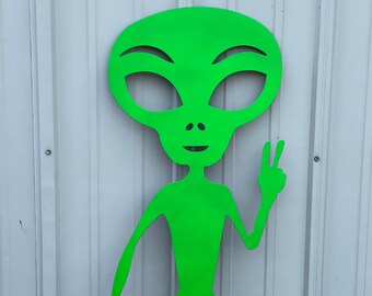 2Ft. Metal Alien with Peace Sign or Flipping the Bird Garden Decor | Powder coated Green, Black or left unpainted Ground Stakes