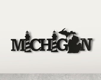 Michigan Lighthouses - Metal Wall Art/Décor with Upper and Lower Peninsula Sign