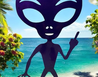 2- or 3-Foot Metal Alien - Flippen the Bird - Middle Finger - Powder coated Green or Black - Made in the USA