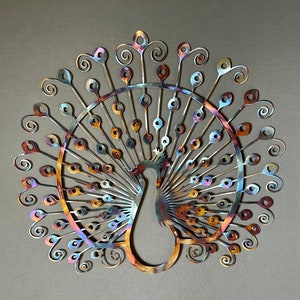 Metal Peacock Wall Decor: Rainbow Burnt Finish, USA Made