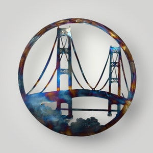 Mackinac Bridge Metal Wall decor - Round, Handcrafted Metal Art, Multiple finishes