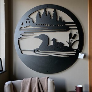 Loon with Duckling in Lake Scene | Four Sizes | Multiple Finishes | Hand Crafted Metal Art Ridge Black