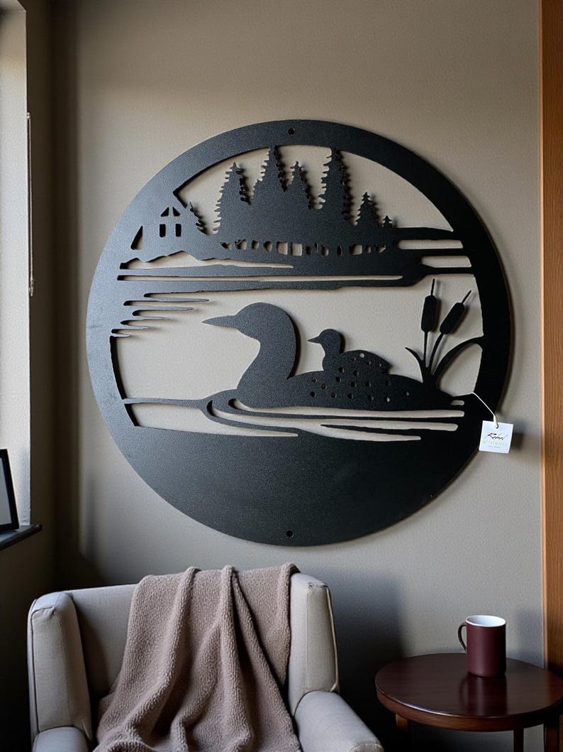 Loon with Duckling in Lake Scene | Four Sizes | Multiple Finishes | Hand Crafted Metal Art Ridge Black