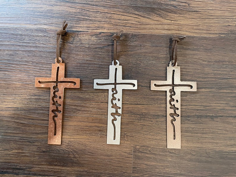 Metal Faith Cross Ornament Three Finishes 5 inches Tall image 1