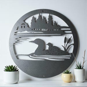 Loon with Duckling in Lake Scene | Four Sizes | Multiple Finishes | Hand Crafted Metal Art Silver Vein
