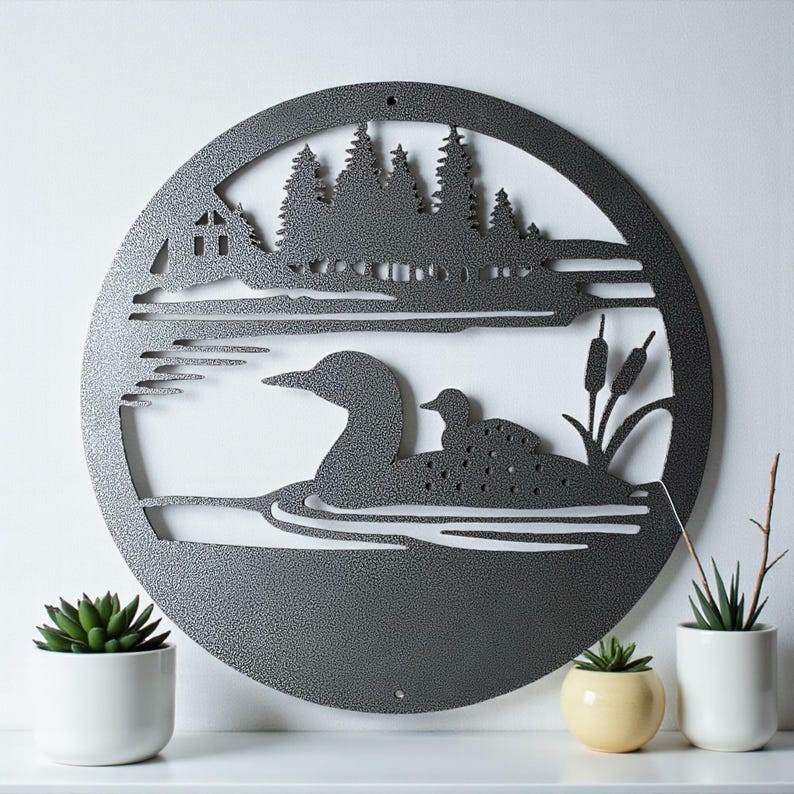 Loon with Duckling in Lake Scene | Four Sizes | Multiple Finishes | Hand Crafted Metal Art Silver Vein