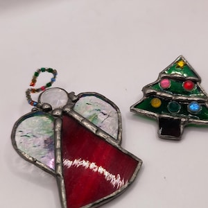 2 Vintage Stained Glass Pins Brooches Angel & Christmas Tree.
