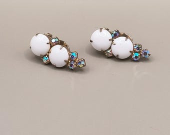 Vintage Milk Glass Rhinestone Clip On Earrings
