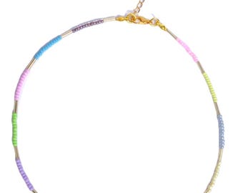 Dainty beaded necklace with small glass beads and gold-toned glass tubes. Handcrafted collar, Ibiza beach, handmade Europe, Per Elle jewelry