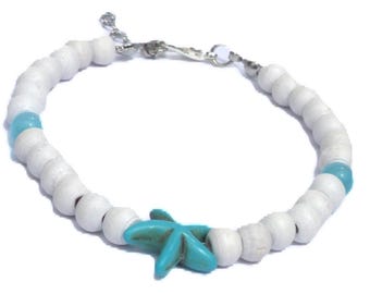 Bracelet with wooden beads, turquoise tiger eye, turquoise starfish. Handmade wristband, boho chic, Ibiza beach wristlet, white, blue, brown