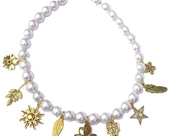 Trendy necklace, light soft pink glass pearls with gold-tone charms. Handcrafted collar, gold colored toggle clasp, Per Elle beaded jewelry