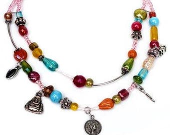 Multicolour short necklace, 2 strands glass beads and charms. Handcrafted beaded collar, red, yellow, orange, blue, green, pink, turquoise