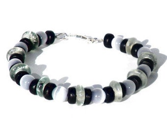 Bracelet for men, grey tiger eye beads, transparent recycled glass disc, black coconut bead. Handcrafted wristband gentlemen, design Holland