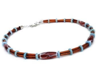 Men's necklace with beads in brown and turquoise. Handcrafted necklace for men with glass beads, collar for gentlemen, boho male jewelry